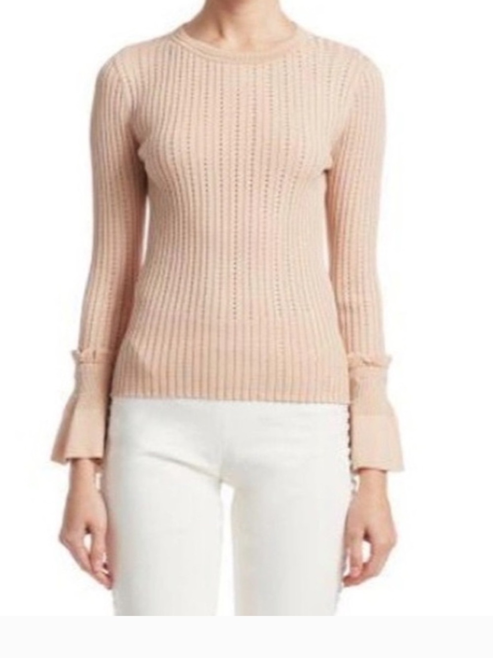 Jonathan Simkhai Perforated Knit Sweater Blush Pink Women Sz Medium Bell Sleeve
